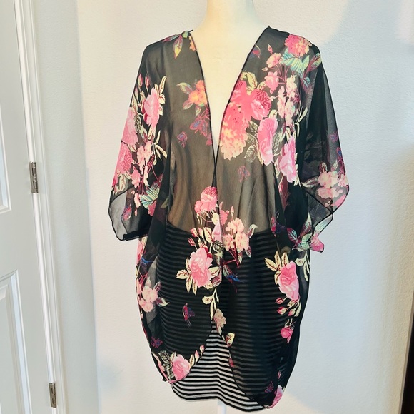 Bijoux Terner Other - Bijoux Terner Black Floral Print Sheer Kimono Swim Beach Wrap Women’s Size S/M